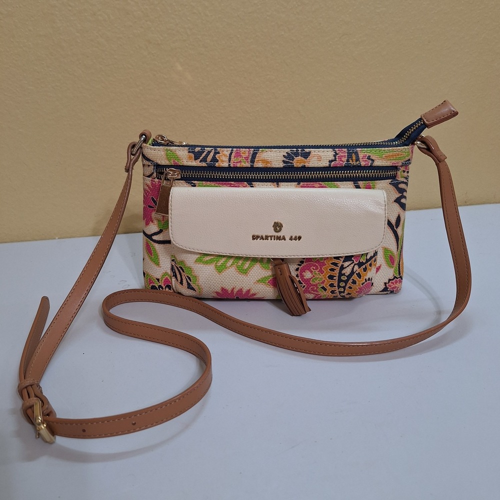 Spartina 449 Linen & Leather Crossbody Purse Floral Pattern Tassel Bag Crossbody
